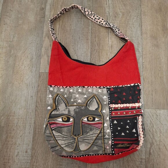 Laurel Burch Red Cotton Cat Face Tote Bag With Triangular Patterns Braided - Picture 2 of 6